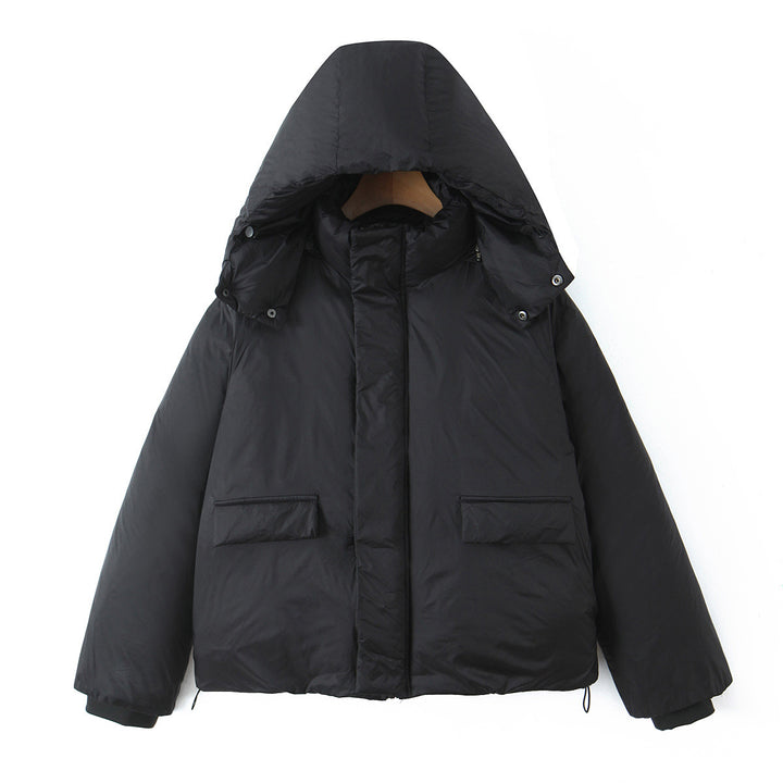 Damen Kurze boxy Funktionsjacke mit Kapuze, wattierter Isolierung und diagonalen Reißverschlusstaschen Drune