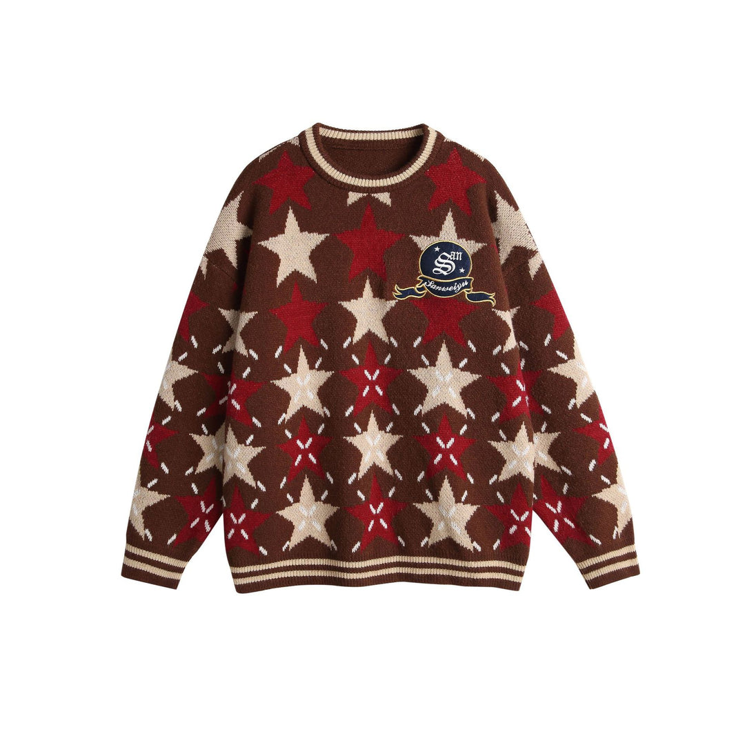 Unisex Grobgestrickter Oversize-Pullover mit Stern-Intarsien und gesticktem Logopatch Drune