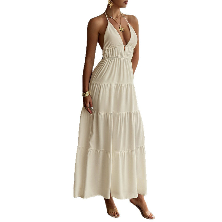 Damen Maxikleid mit tiefem V-Ausschnitt und schwingendem Rock Drune
