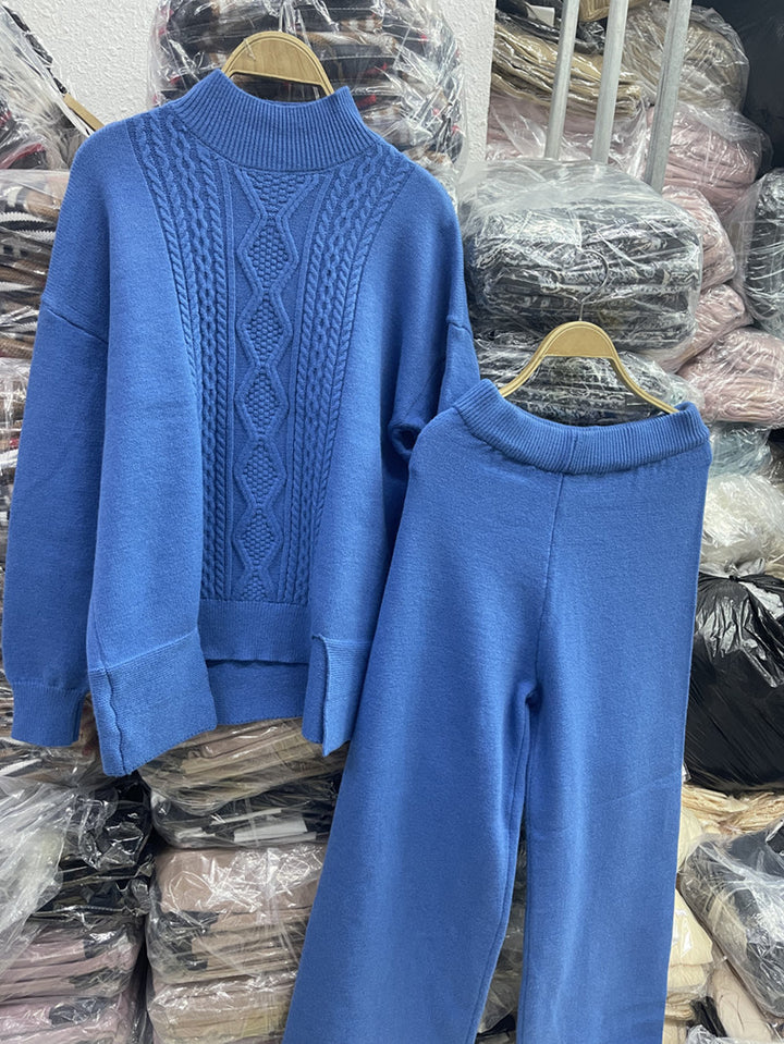 Damen eleganter Strickanzug mit hohem Kragen und farbenfrohem Muster Drune