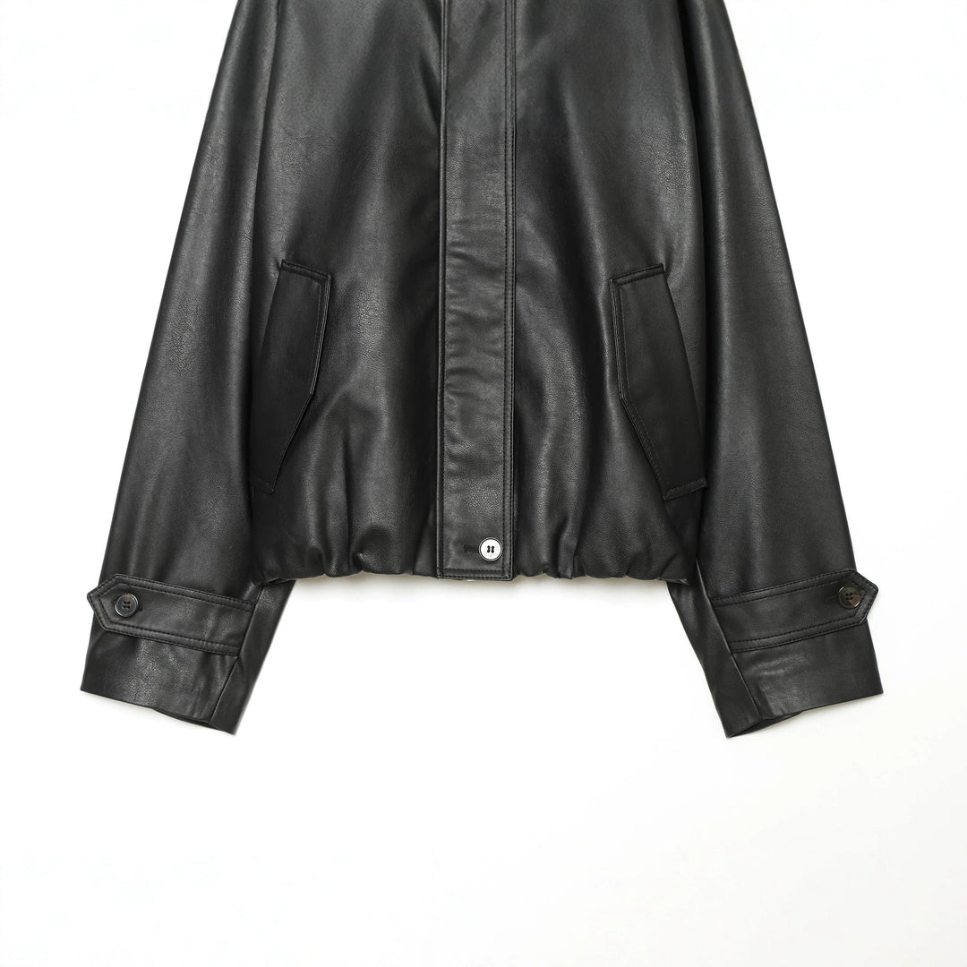 Damen Cropped Kunstleder-Fieldjacke mit hohem Stehkragen, Schulterriegeln und elastischem Saum Drune