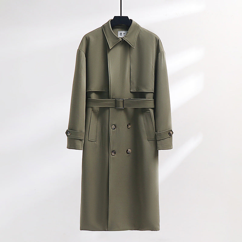 Herren Langer Doppelreihiger Trenchcoat mit Taillengürtel und Oversize‑Schalkragen Drune