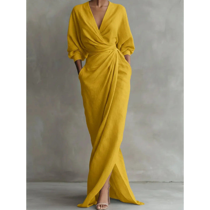 Damen Drapiertes Wickel-Maxikleid mit tiefem V-Ausschnitt, Taillen-Twist und Eingrifftaschen Drune