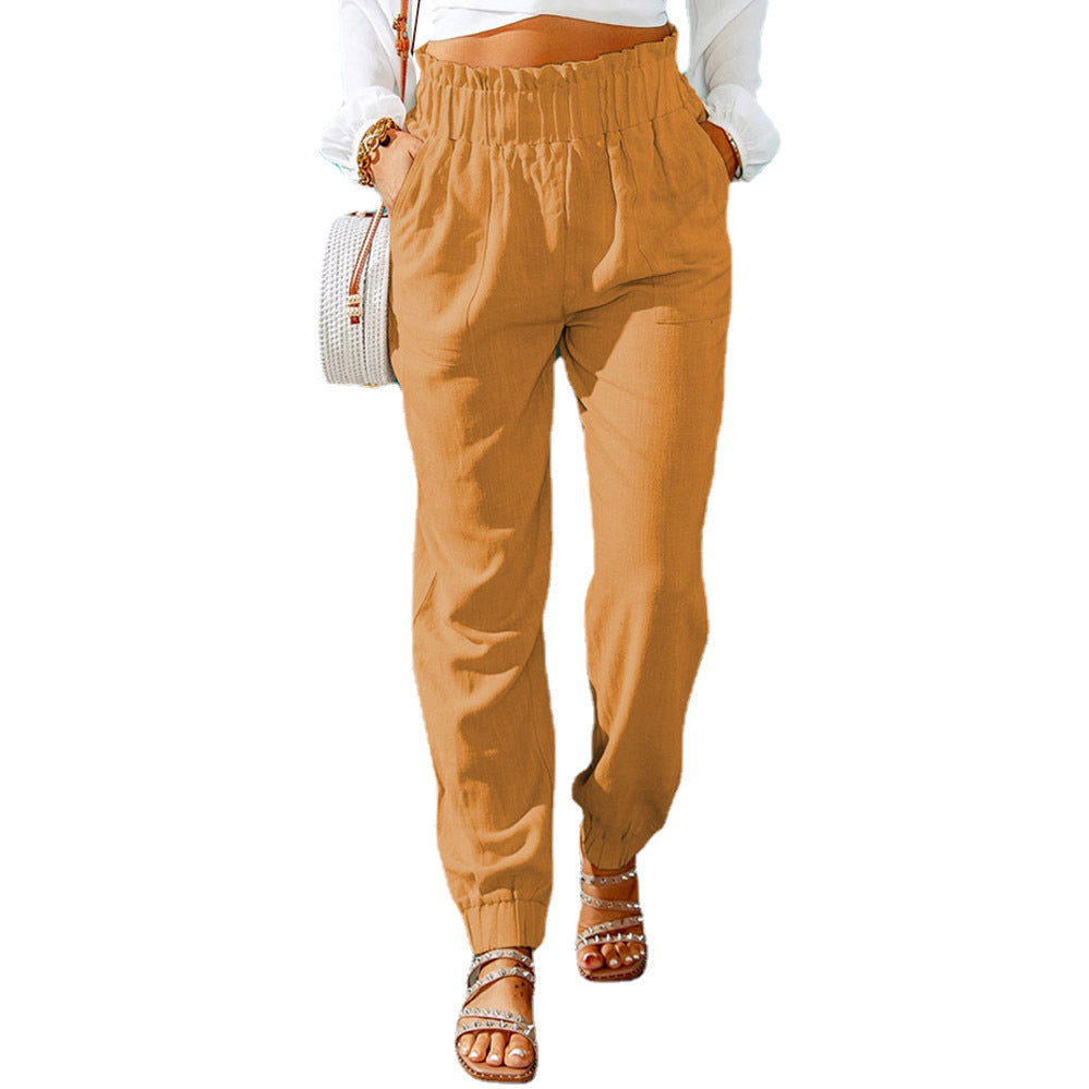 Damen Hochtaillierte Leinenoptik-Joggerhose mit elastischem Rüschbund und Eingrifftaschen Drune