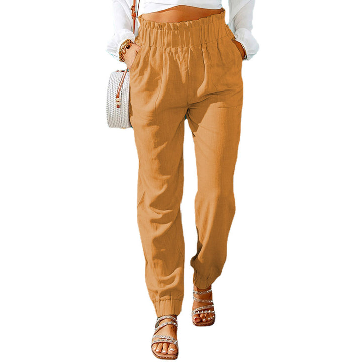 Damen Hochtaillierte Leinenoptik-Joggerhose mit elastischem Rüschbund und Eingrifftaschen Drune