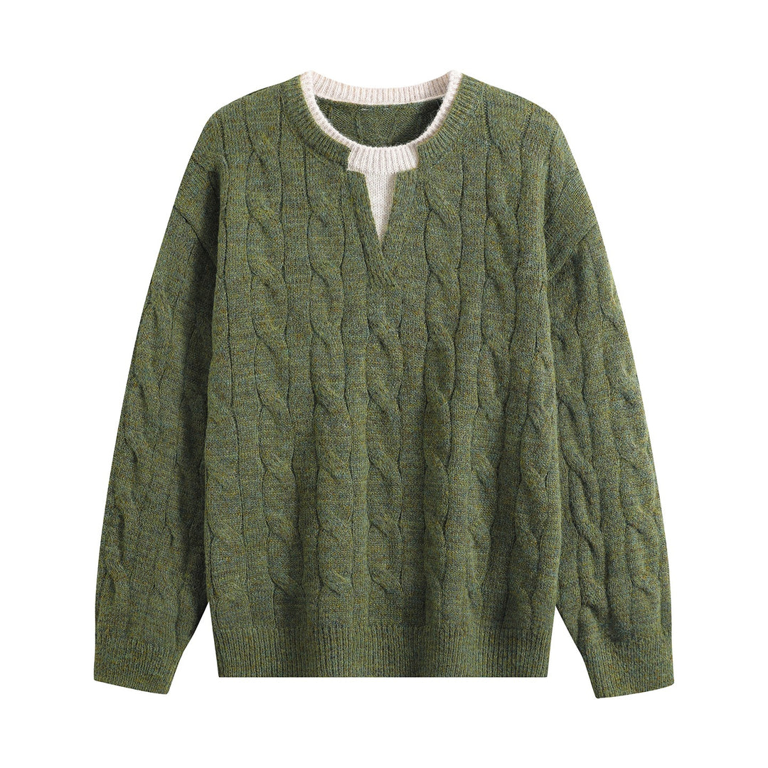 Damen Oversize Zopfmuster-Pullover mit V‑Schlitzkragen Drune