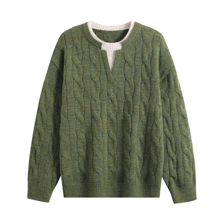 Damen Oversize Zopfmuster-Pullover mit V‑Schlitzkragen Drune