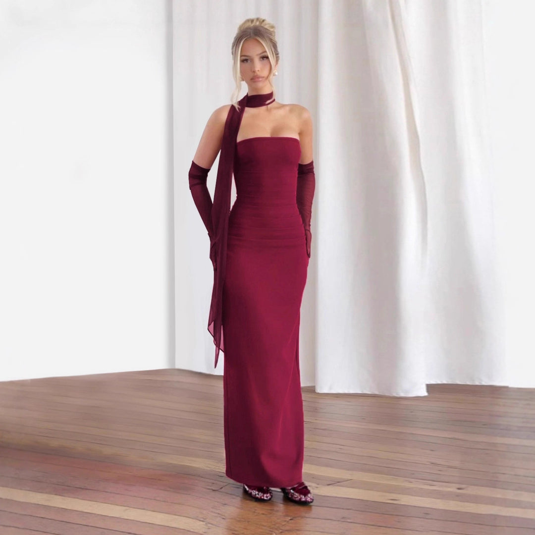 Damen figurbetontes Abendkleid mit Schulterband und langen Handschuhen Drune