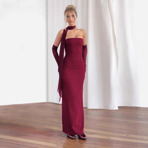 Damen figurbetontes Abendkleid mit Schulterband und langen Handschuhen Drune