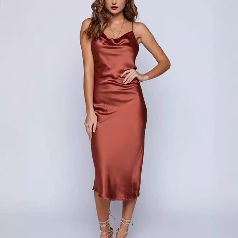 Damen Satin-Midikleid mit verführerischem V-Ausschnitt und Spaghettiträgern Drune