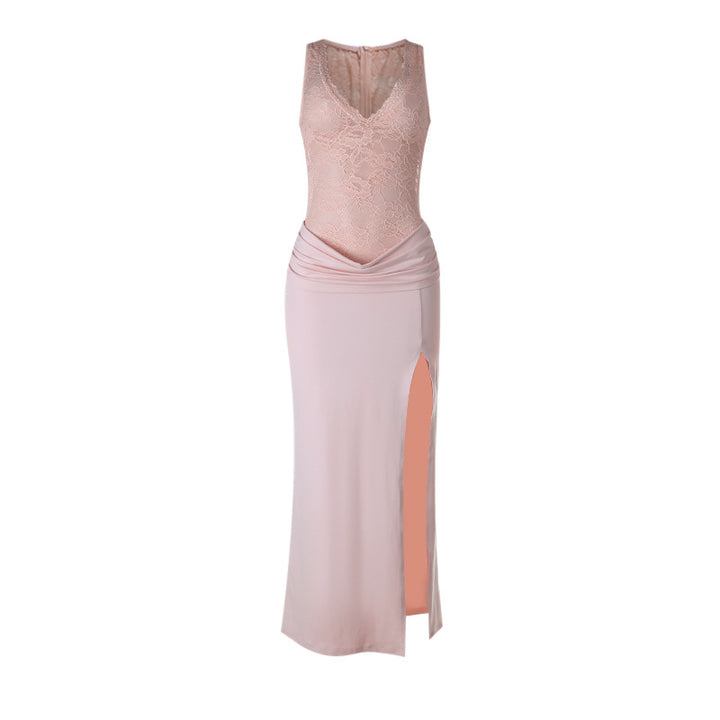 Damen Elegantes Maxikleid mit transparentem Spitzenoberteil und raffiniertem Schlitz Drune