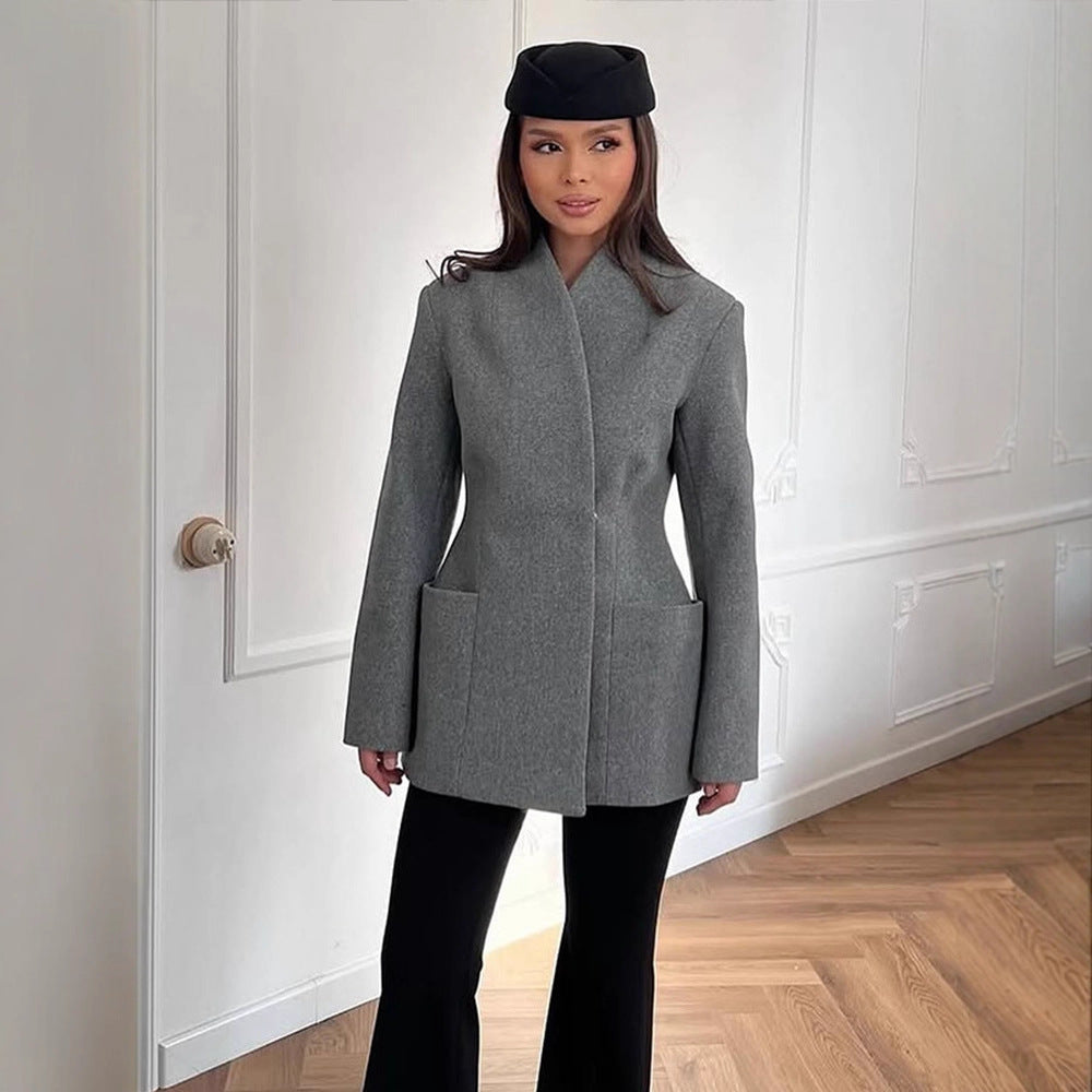 Damen Figurnaher Wollmix-Mantel im Cocoon-Schnitt mit verdeckter Knopfleiste Drune