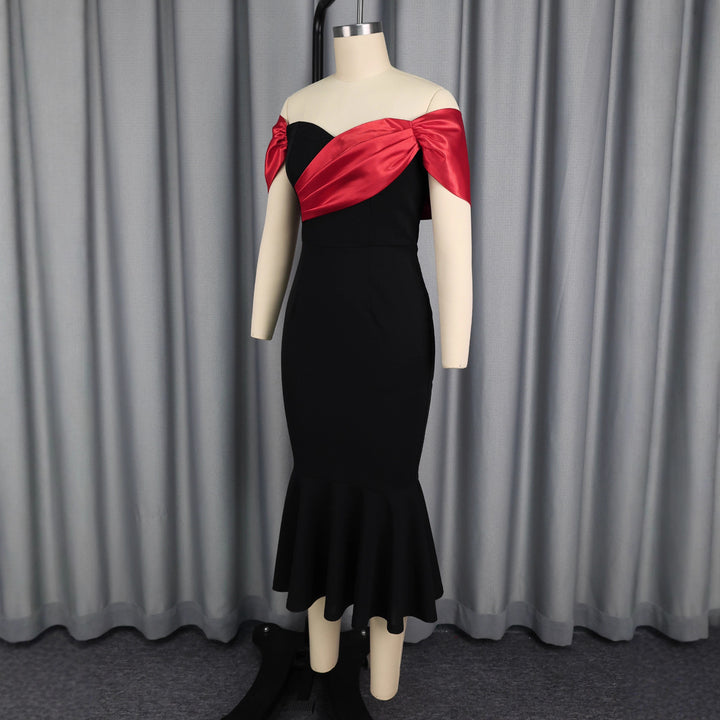 Damen elegantes schulterfreies Maxikleid mit voluminösen Rüschen Drune