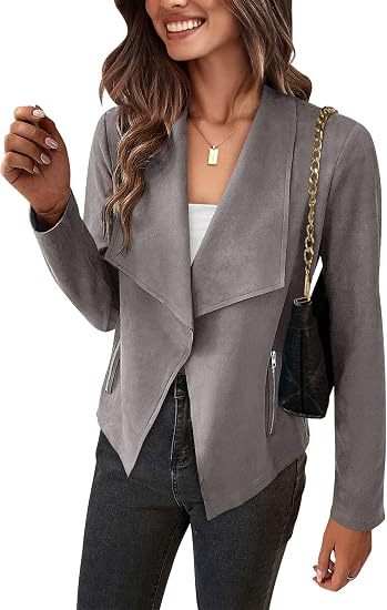 Damen Velourslederimitat-Wasserfallblazer mit asymmetrischem Saum und Reißverschlusstaschen Drune