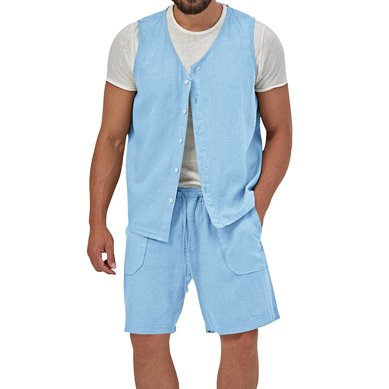 Herren nan zweiteiliges Freizeit-Set mit ärmelloser Knopfweste und weiten Kordelzug-Shorts mit aufgesetzten Taschen Drune