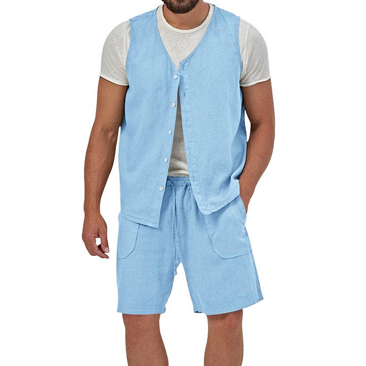 Herren nan zweiteiliges Freizeit-Set mit ärmelloser Knopfweste und weiten Kordelzug-Shorts mit aufgesetzten Taschen Drune