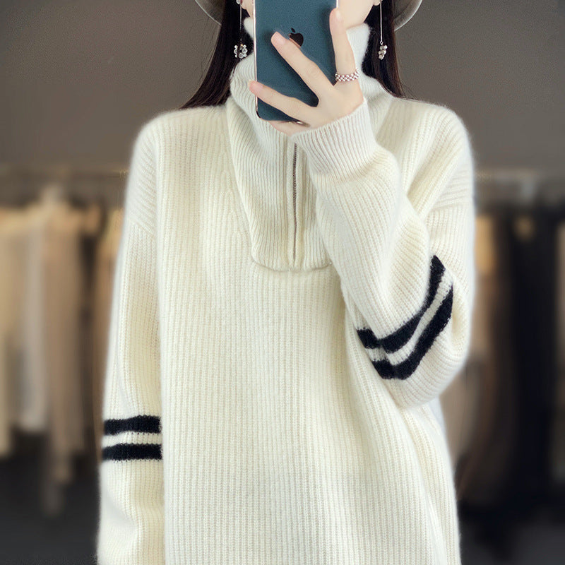 Damen Rippenstrick-Pullover mit halbem Reißverschluss, hohem Stehkragen und lässiger Passform Drune