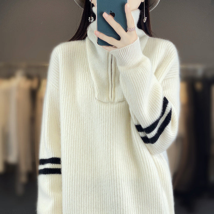Damen Rippenstrick-Pullover mit halbem Reißverschluss, hohem Stehkragen und lässiger Passform Drune