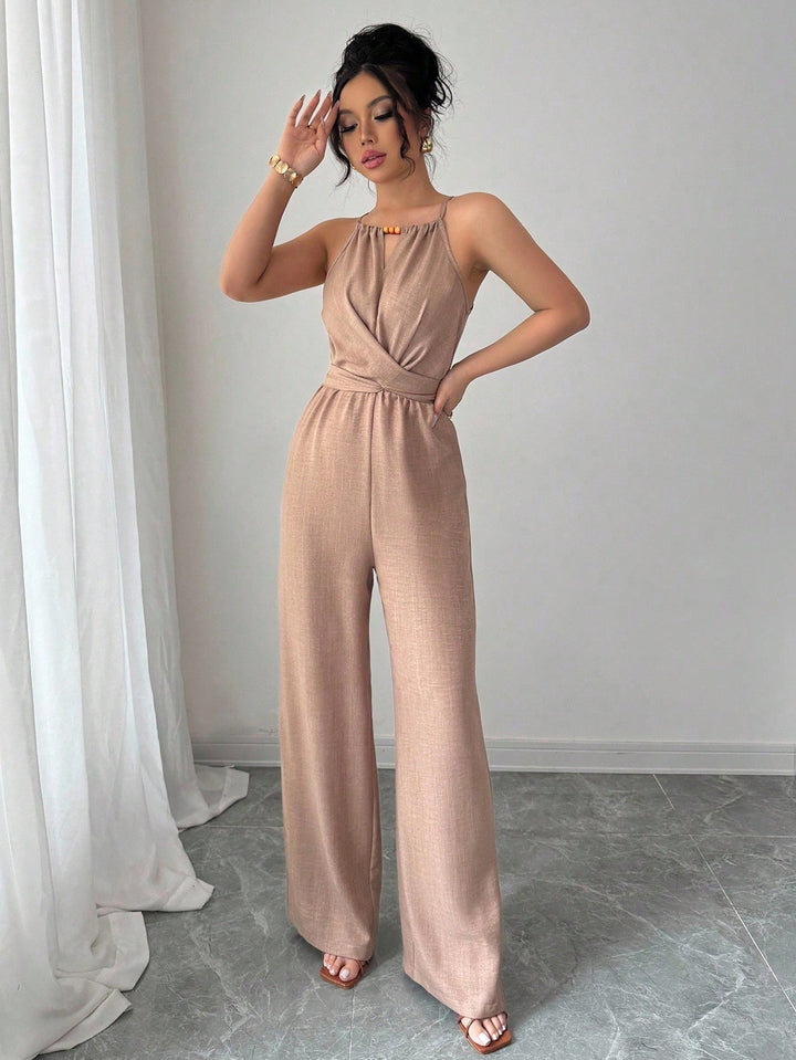 Damen Ärmelloser Neckholder-Jumpsuit mit Wickeloberteil und weitem Bein Drune
