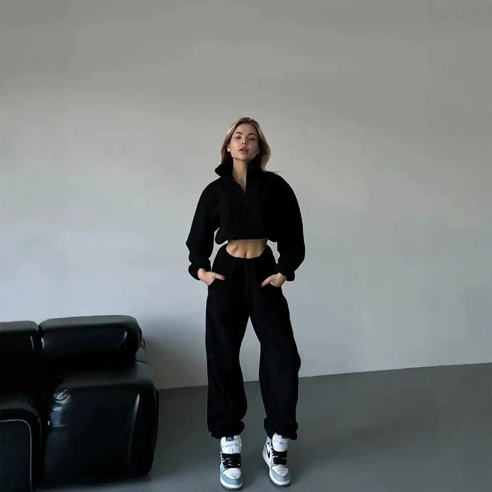 Damen Fleece-Cropped-Sweatshirt mit halbem Reißverschluss und Tunnelzug Drune