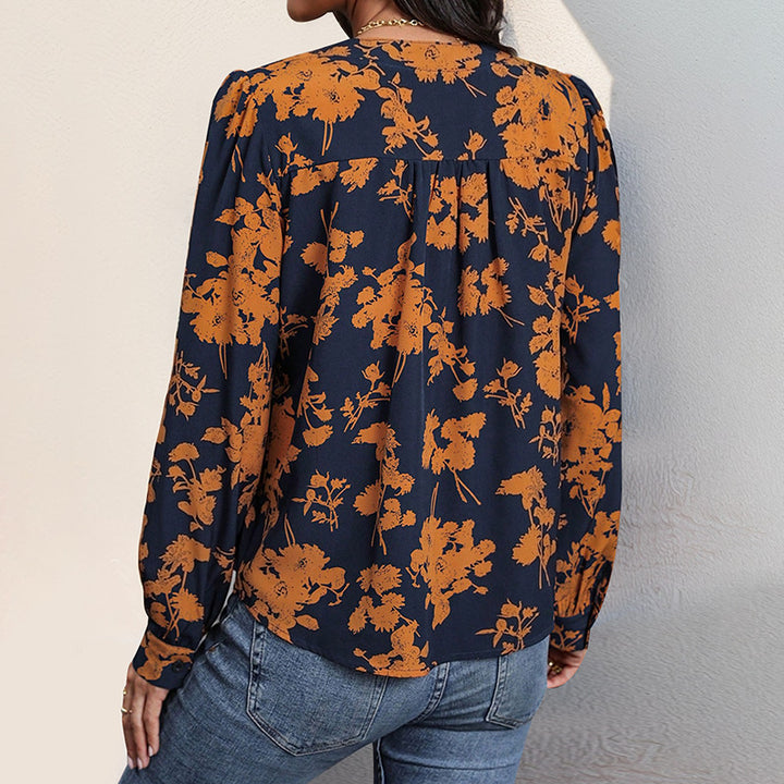 Damen Lockeres Blusenshirt mit V-Ausschnitt, floralem Alloverprint, Ballonärmeln und Manschetten Drune