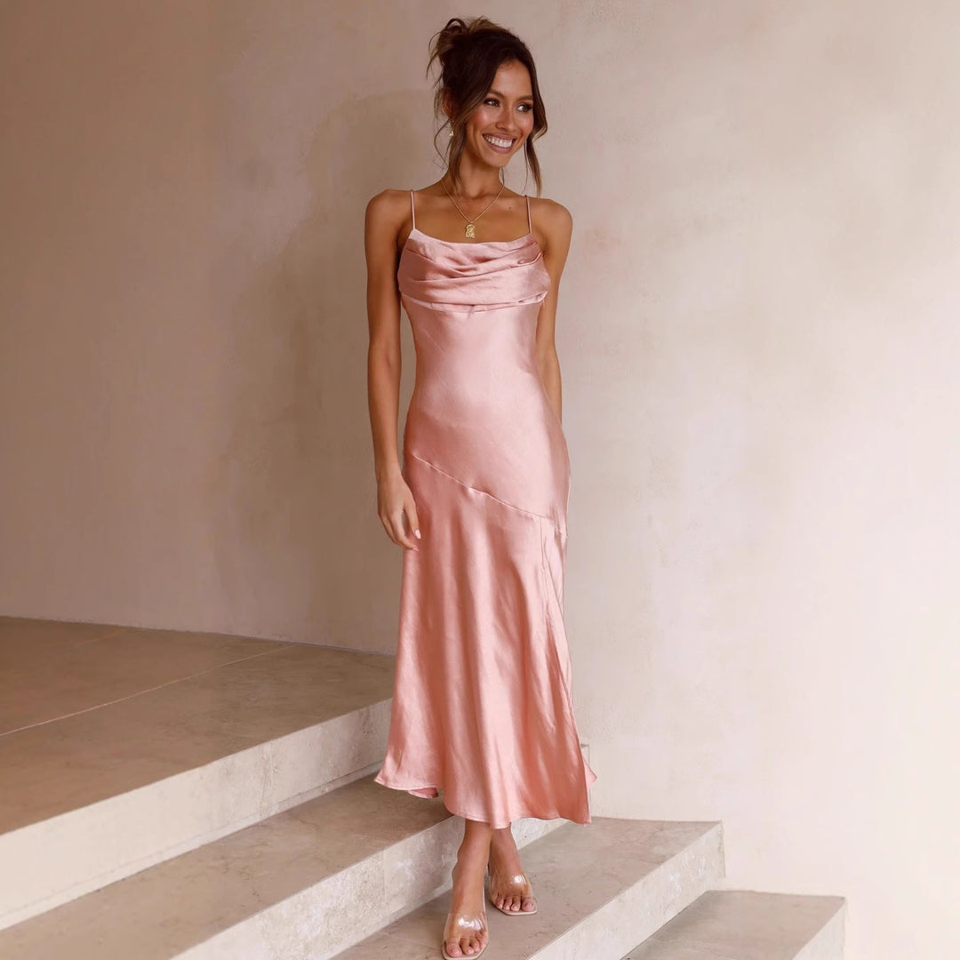 Damen Satin Maxikleid mit elegantem Schlitz und verstellbaren Trägern Drune