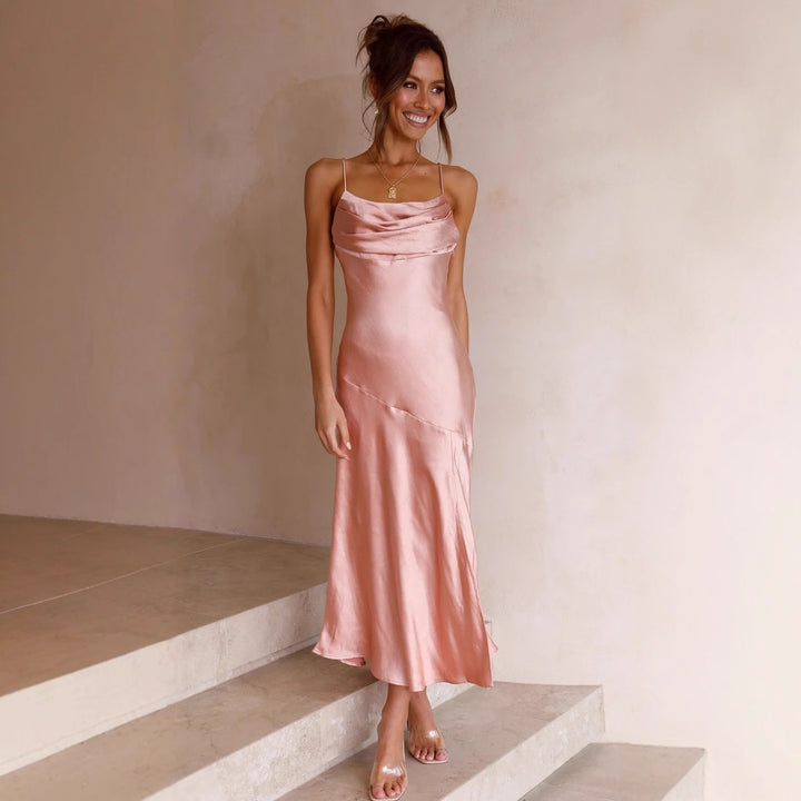 Damen Satin Maxikleid mit elegantem Schlitz und verstellbaren Trägern Drune