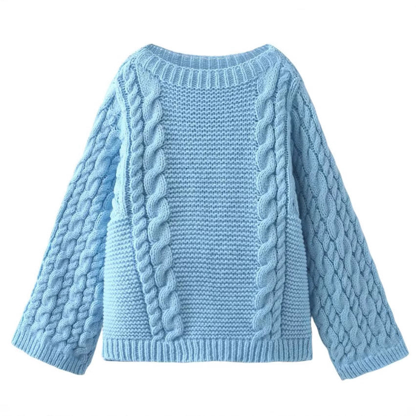 Damen 1800+ Oversize Zopfmuster‑Strickpullover mit weitem Rundhals und Ballonärmeln Drune