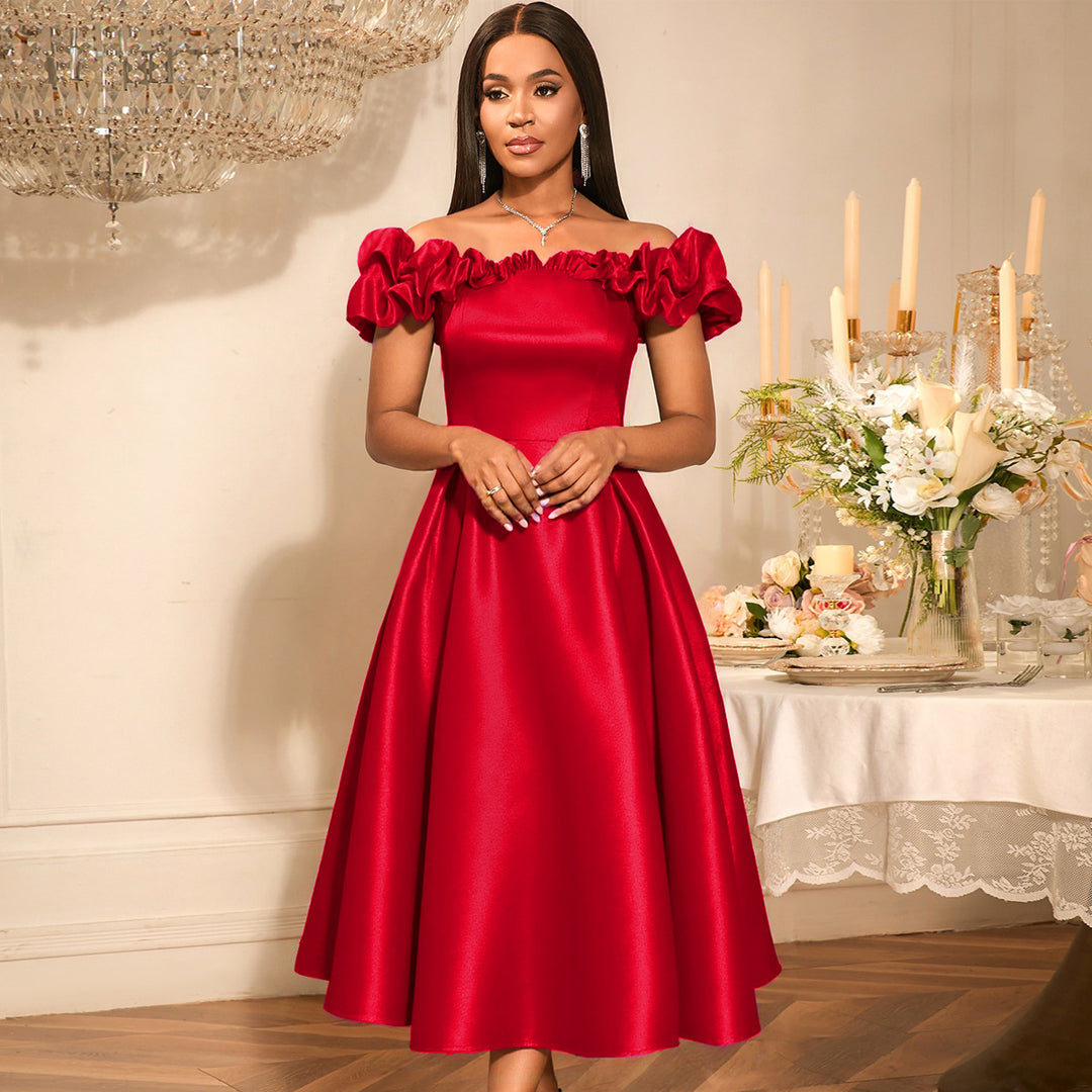 Damen Midi-Party Kleid mit schulterfreiem Design und voluminösen Rüschen Drune