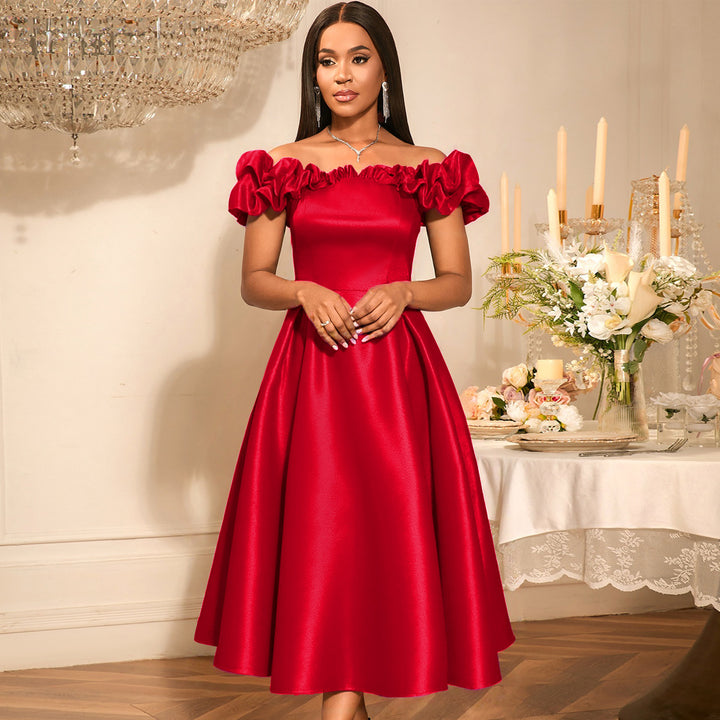 Damen Midi-Party Kleid mit schulterfreiem Design und voluminösen Rüschen Drune
