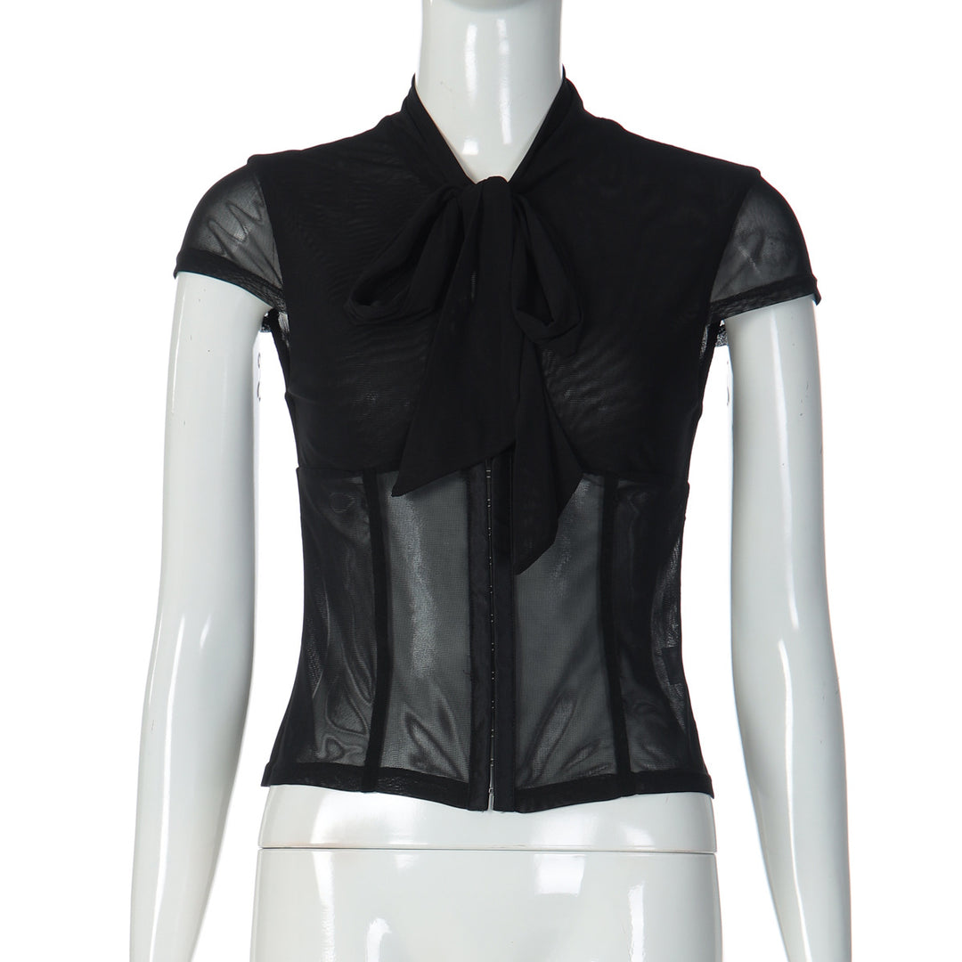 Damen Edles Spitzenoberteil mit dekorativer Schleife und transparentem Design Drune