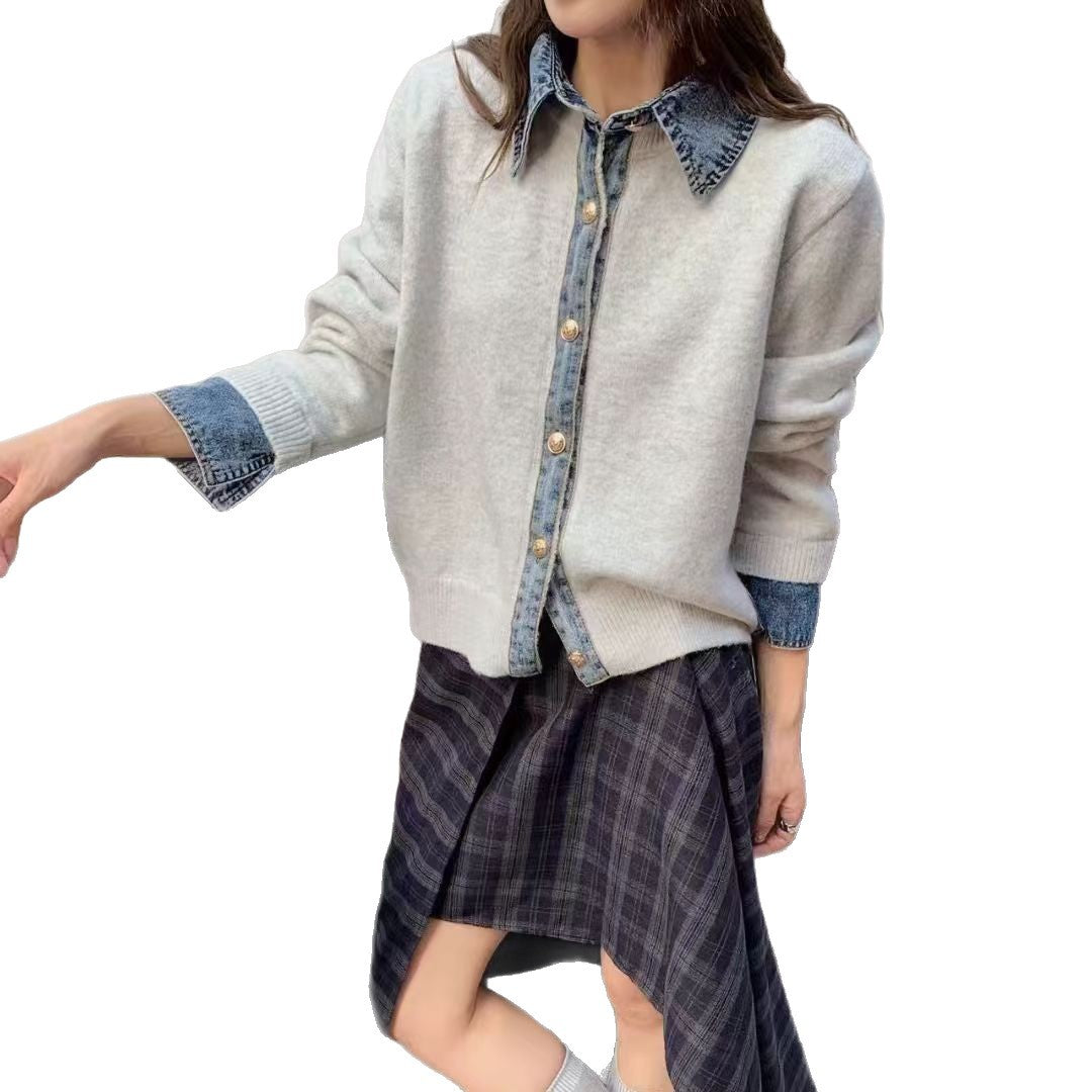 Damen lässiges Overshirt mit ausgefallenem Denim-Kragen und Knopfdetails Drune