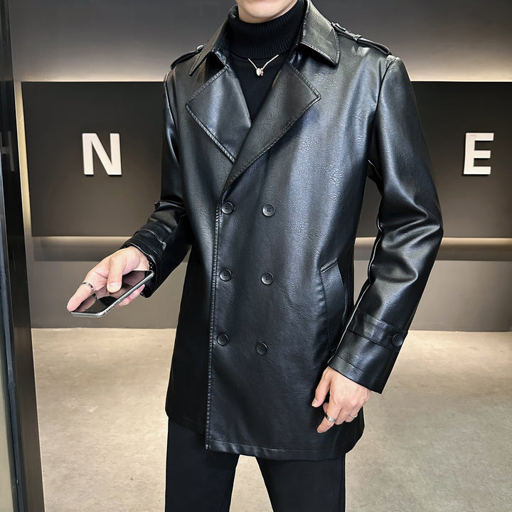 Herren Doppelreihiger Kunstleder-Trenchcoat mit markantem Revers Drune