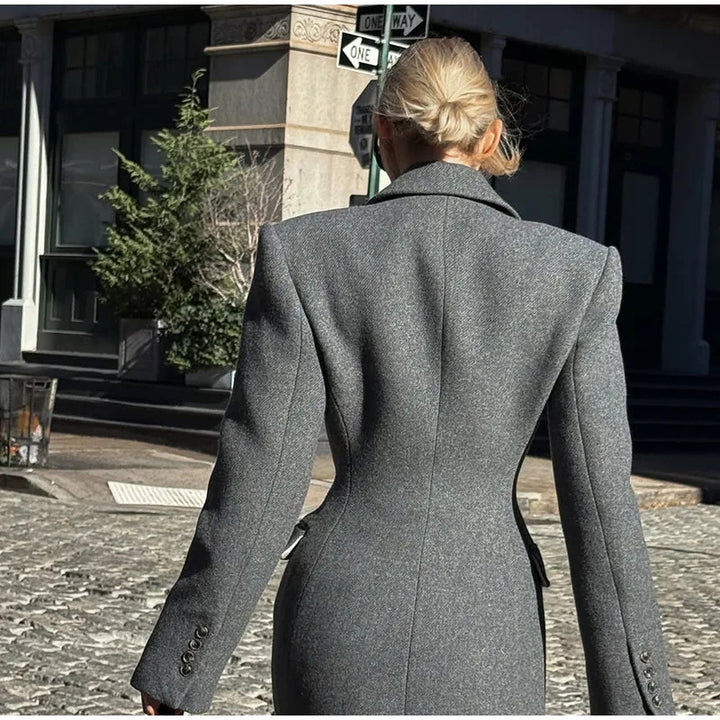 Damen Eleganter Wollmantel mit tailliertem Schnitt und langen Ärmeln Drune
