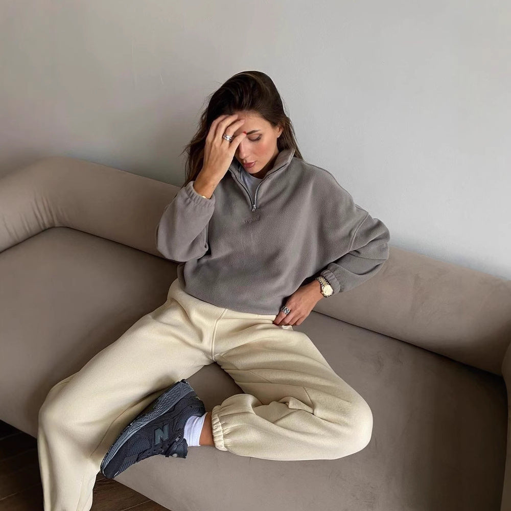Damen Fleece-Halbzip-Sweatshirt oversized mit Stehkragen, Kängurutasche-Optik und elastischen Bündchen Drune