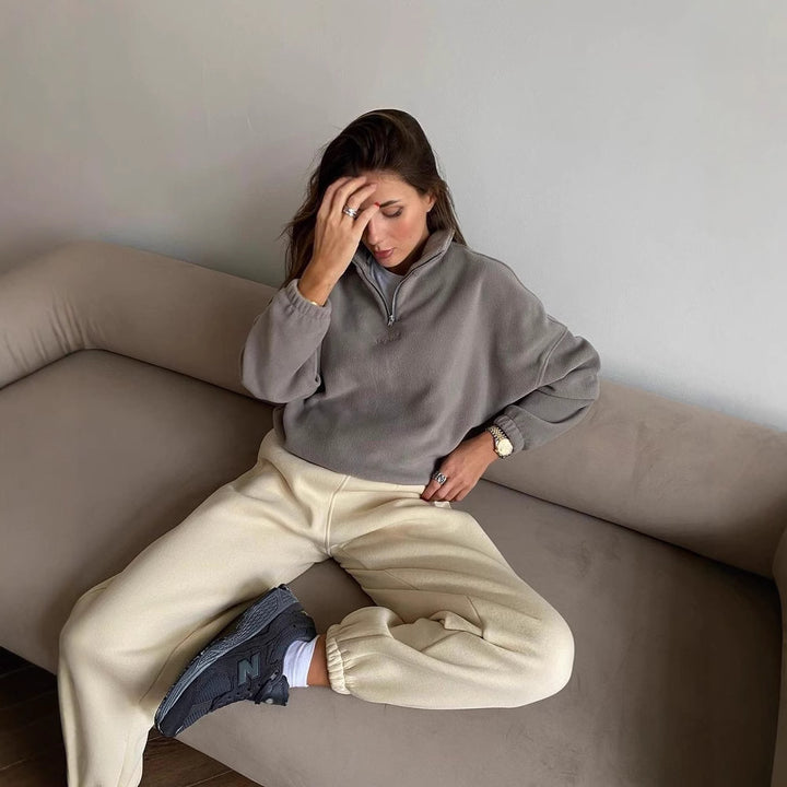 Damen Fleece-Halbzip-Sweatshirt oversized mit Stehkragen, Kängurutasche-Optik und elastischen Bündchen Drune