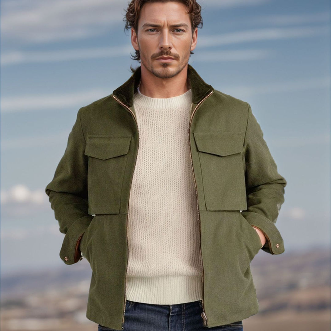 Herren Kurze Denim-Fieldjacke mit Stehkragen, Reißverschluss und aufgesetzten Brusttaschen Drune