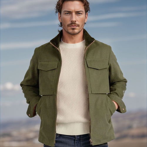 Herren Kurze Denim-Fieldjacke mit Stehkragen, Reißverschluss und aufgesetzten Brusttaschen Drune