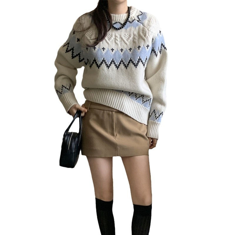Damen gemusterter Strickpullover mit Rundhalsausschnitt und Komfortschnitt Drune