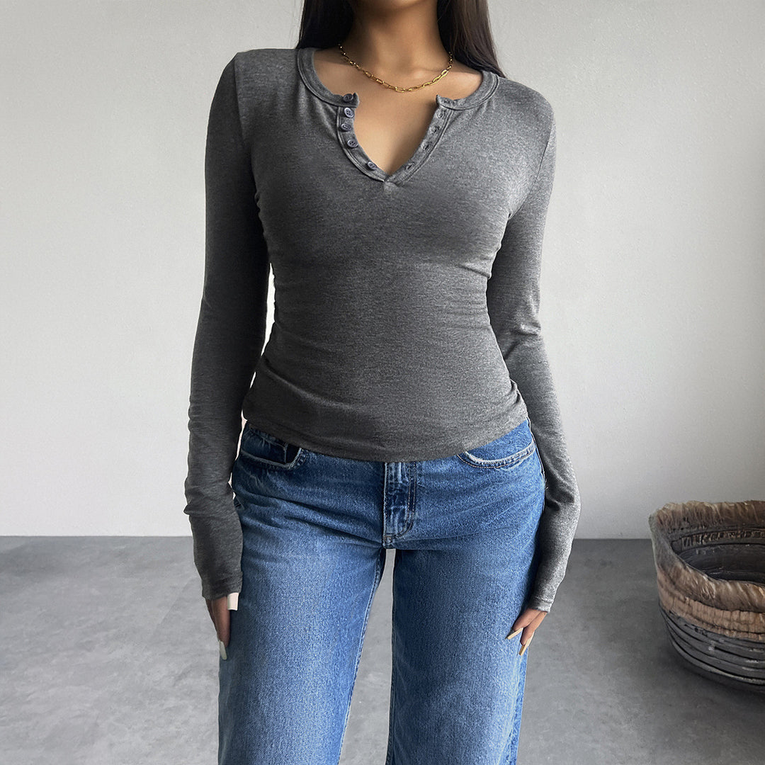 Damen nan tailliertes Henley-Longsleeve mit Stretchjersey und Daumenloch Drune