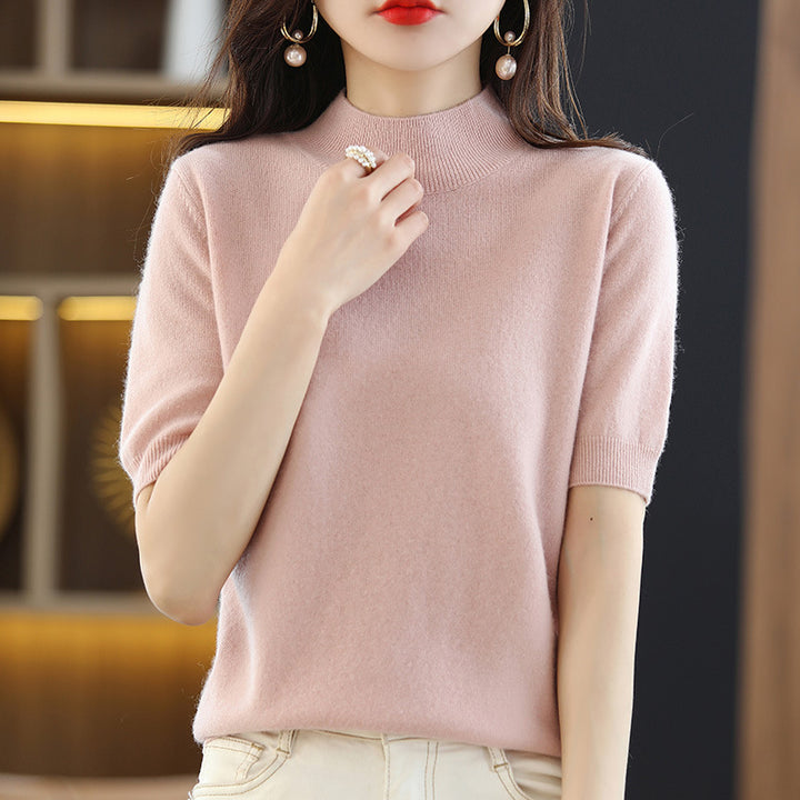 Damen Kurzärmeliger Feinstrick-Pullover mit halbem Rollkragen Drune