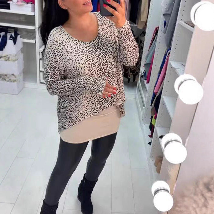 Damen nan weit geschnittenes Tunika-Longsleeve mit Leomuster, abgerundetem Saum und Lagenoptik Drune
