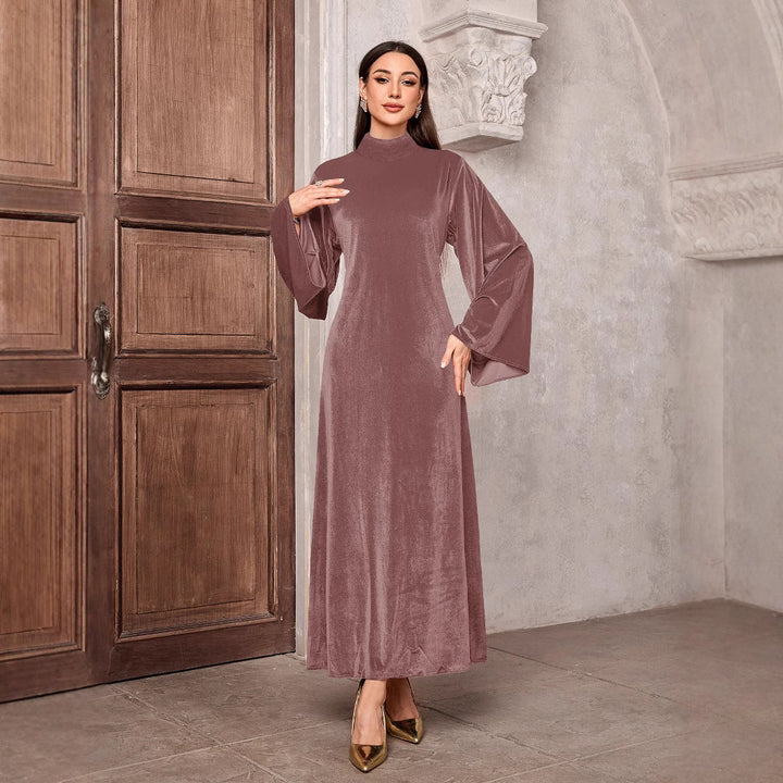 Damen Maxikleid aus Samt mit Stehkragen und Glockenärmeln Drune