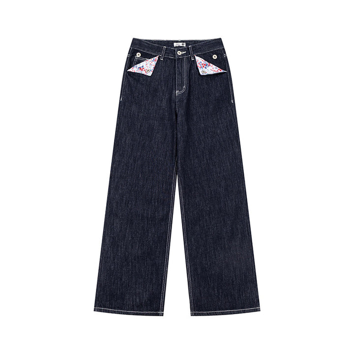 Damen Weite High‑Waist-Jeans im Palazzo-Schnitt mit Ziernaht und Blumen-Taschenfutter Drune