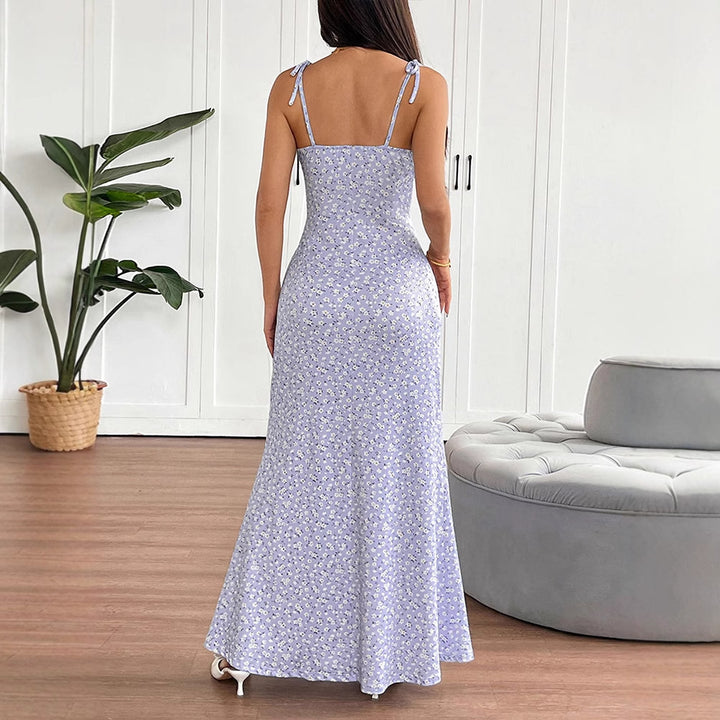 Damen luftiges Maxikleid mit verstellbaren Spaghettiträgern und süßem Blumendruck Drune