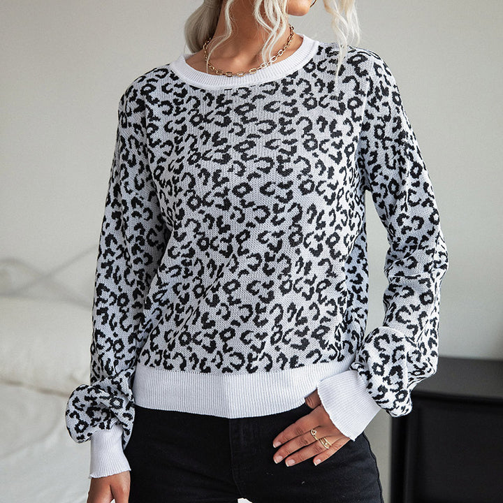 Damen Leichter Strukturstrick-Pullover mit Leoparden-Jacquard und geripptem Rundhalsausschnitt Drune
