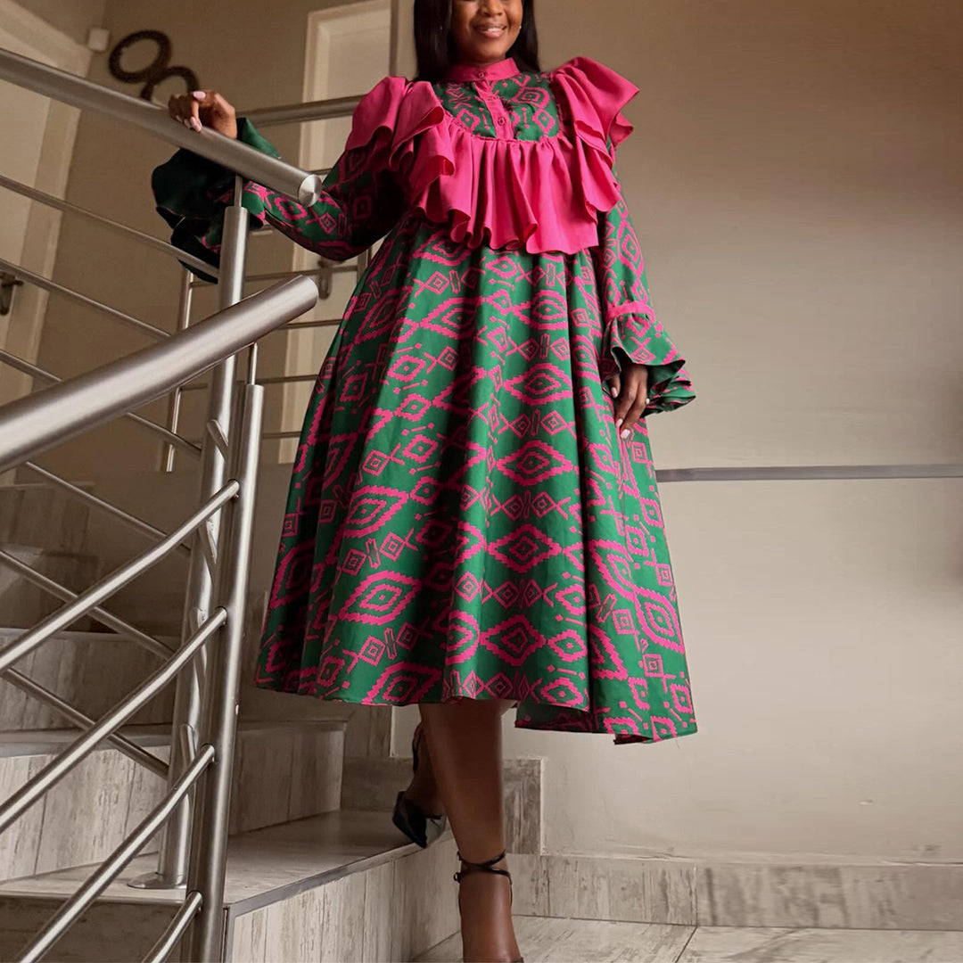 Damen Maxikleid mit ausgefallenem Rüschendesign und geometrischem Muster Drune