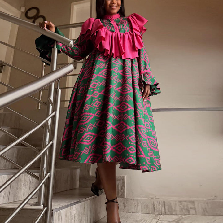Damen Maxikleid mit ausgefallenem Rüschendesign und geometrischem Muster Drune