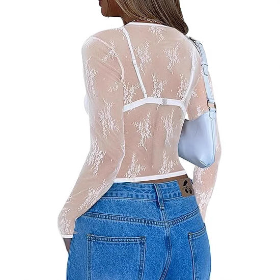 Damen Transparente Spitzenbluse mit eleganten Details Drune
