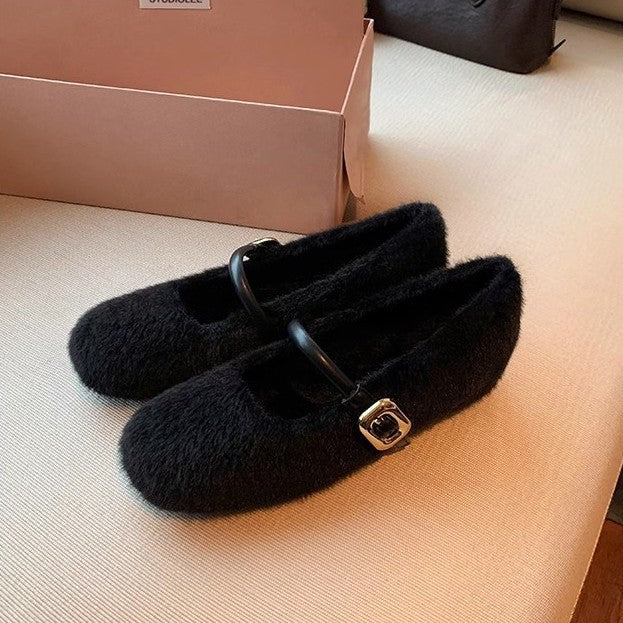 Damen Kuschelige Faux‑Fur Mary‑Jane‑Slipper mit gepolstertem Komfortfußbett und goldener Schnallenapplikation Drune